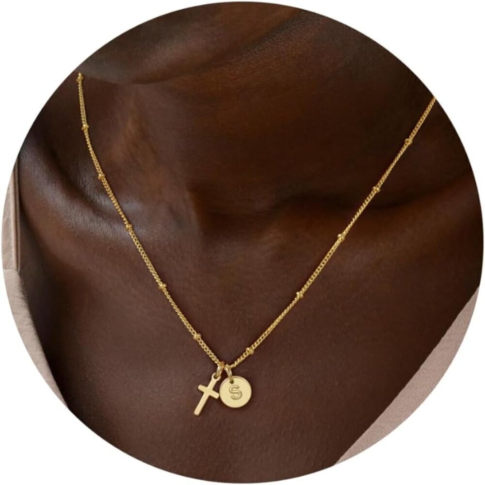 Cross Initial Necklace Women Girls Gold Plated Dainty Pendant Gift